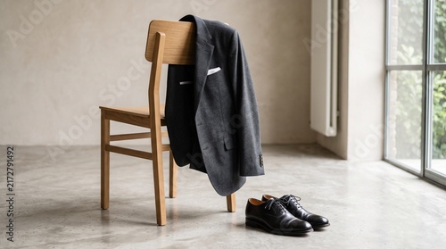 Charcoal Grey Blazer on Wooden Chair with Black Leather Oxford Shoes