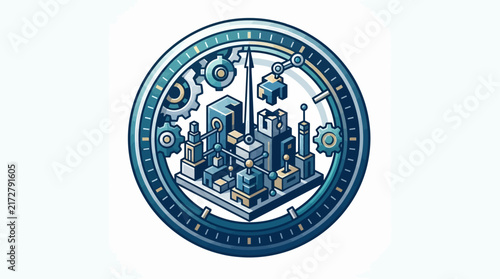 Industrial clock vector, mechanical gear city, time management concept icon