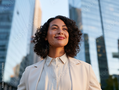 Portrait of a confident professional woman with curly hair standing outdoors in a modern city business district, looking ahead with a hopeful and ambitious expression during the golden hour