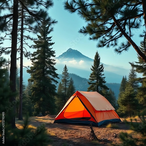 Orange camping tent in pine forest with mountain view
