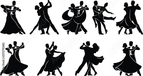 Bild auf Leinwand Ballroom dancing couple waltz tango performance black silhouette vector illustra