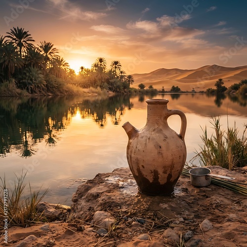 An ancient clay water jug sits on a rocky shore beside a calm desert oasis lake surrounded by palm trees under a vibrant orange sunset sky
