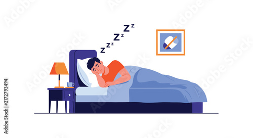 Young man sleeping peacefully in a comfortable bed with a blue blanket and orange shirt in a minimalist bedroom setting.
