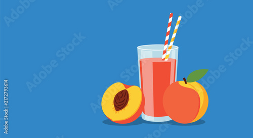 Glass of fresh peach juice with two colorful straws served with whole and halved ripe peaches on a vibrant blue background.