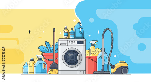 Collection of household cleaning products including a washing machine and vacuum cleaner on a bright yellow and blue background.