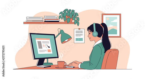 Young female freelancer sitting at her desk working on a computer while wearing headphones and drinking coffee in a home office environment.