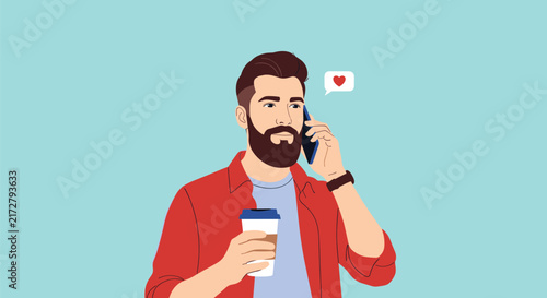 Handsome bearded man talking on his mobile phone while holding a takeaway coffee cup with a small heart icon in a thought bubble.