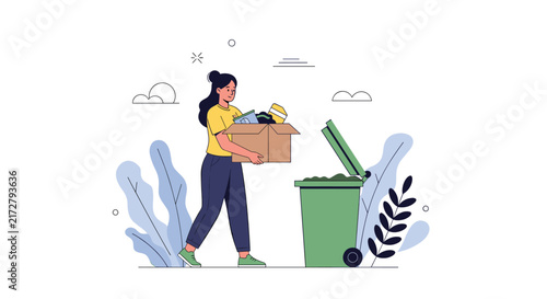 Responsible young woman disposing of a cardboard box full of items into a green street trash bin for recycling and disposal.