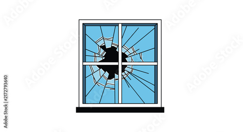 Broken glass window with a large jagged hole in the center showing a dark interior against a white background frame.