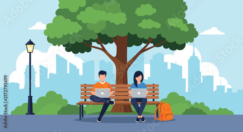 Young man and woman sitting on a park bench under a large green tree while working on their laptop computers in the city.