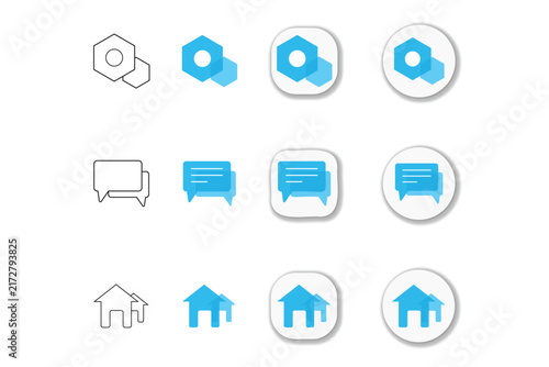 UI Icon Set Vector Illustration featuring Settings Chat and Home Symbols in Various Button Styles