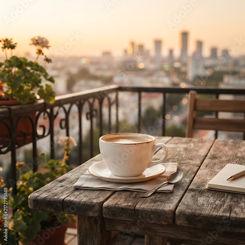 A steaming cup of coffee on a wooden balcony table with a notebook and pen overlooking a blurred city skyline during a golden sunset