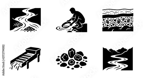 Bild auf Leinwand Gold Mining Icons: Panning, Sluice Box, Geology, River, Ore, Prospecting Vector