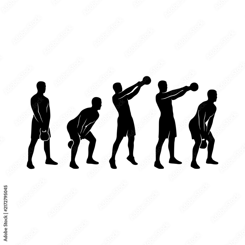 Fototapeta premium Kettlebell exercise sequence flat silhouette illustration, Kettlebell workout sequence illustration