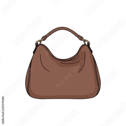 Classic brown leather hobo shoulder bag women's fashion accessory vector illustration isolated on white.