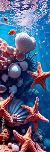 Colorful starfish and seashells in clear blue underwater scene