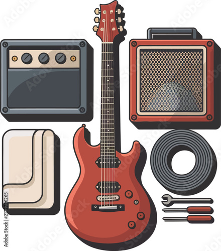 Electric guitar, amplifier, audio cable, and repair tools set for music instrument maintenance on a white background