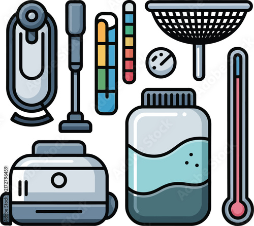 Laboratory and scientific equipment set including a beaker, thermometer, strainer, and measuring tools on a clean white background