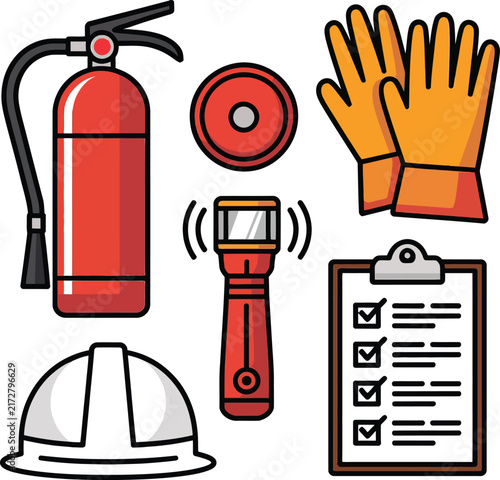 Occupational safety and fire protection equipment set featuring a red fire extinguisher, flashlight, protective gloves, hard hat, and checklist