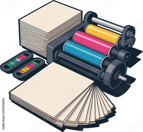 Printing press equipment set featuring a printing machine with ink rollers, stacks of paper, and color swatches on a clean white background area