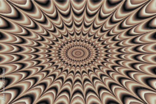 Hypnotic optical illusion background, beige and brown concentric starburst pattern, psychedelic fractal art texture for creative design