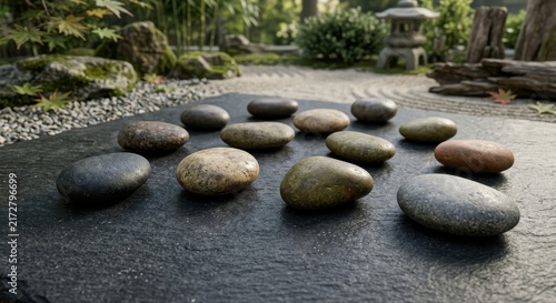 Smooth zen stones artfully arranged in a tranquil Japanese meditation garden with bamboo and a stone lantern.