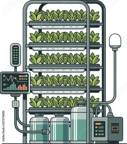 Vertical hydroponic farming system with green leafy plants, digital monitoring screen, water tanks, and industrial lighting on white background