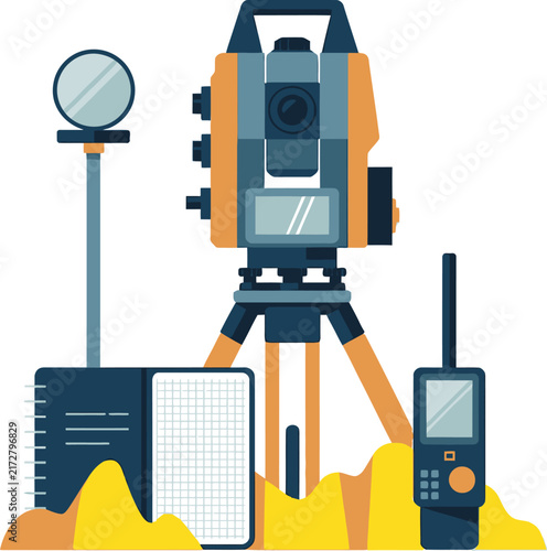 Surveying equipment collection featuring a total station on a tripod, a leveling rod, a handheld gps device, and a field notebook on white background