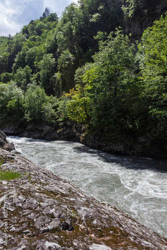 The riverbank zone in mountainous terrain, the rocky soil bordering the riverbed, with vegetation along the banks.