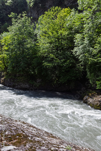 The riverbank zone in mountainous terrain, the rocky soil bordering the riverbed, with vegetation along the banks.