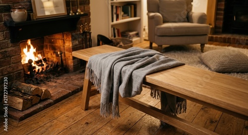 Soft gray cotton throw with fringe draped over a wooden bench in a cozy living room with a glowing fireplace and warm interior lighting.