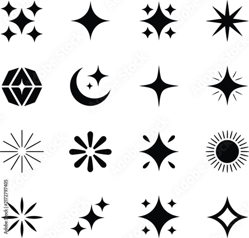Sparkle Star Icon Set Vector Moon Celestial Glint Geometric Shape