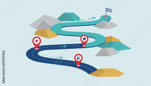 Colorful roadmap graphic follows a winding path through mountains with location pins representing key milestones and a final checkered flag.
