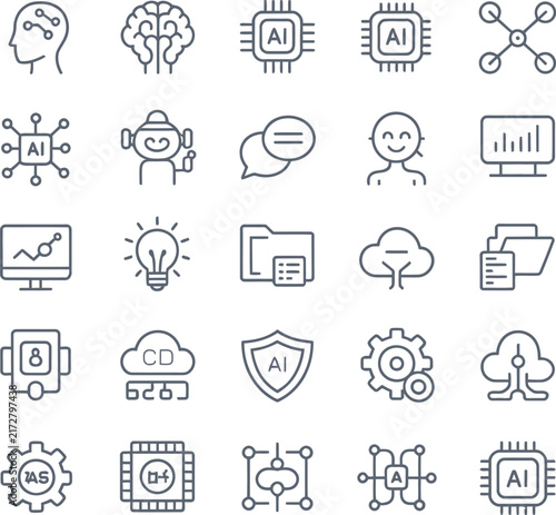 Artificial Intelligence Line Icon Set AI Vector Brain Technology Bot