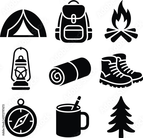 Camping Icon Set Vector Tent Backpack Bonfire Lantern Hiking Boots