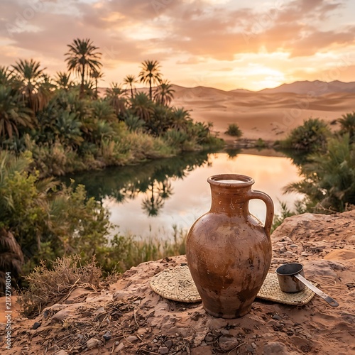 Traditional clay water pitcher resting on a woven mat in a desert oasis with palm trees and sand dunes at sunset with a warm golden glow
