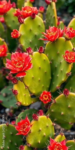 Red cactus flowers blooming on green prickly pear pads