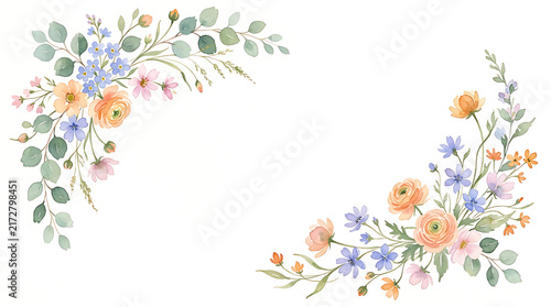 Watercolor floral corner arrangements peach blue flowers