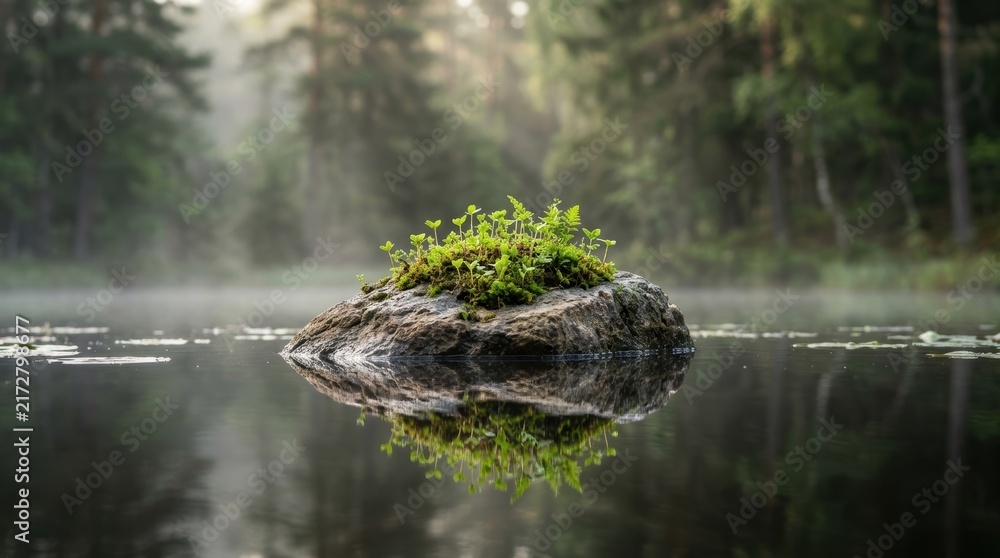 Fototapeta premium Small green plants growing on a rock in a calm misty forest lake at dawn