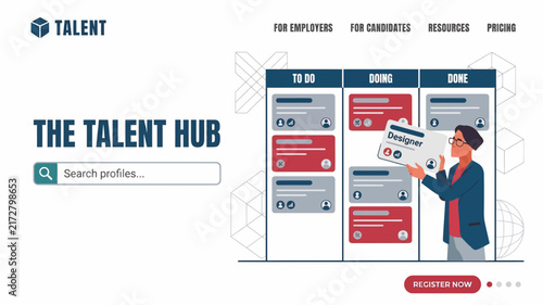 Modern professional recruiter managing talent profiles on digital kanban board for hiring process and employee recruitment workflow management