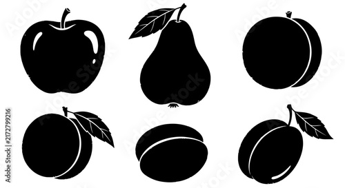 Monochrome illustration of various fruit silhouettes with silhouettes including apples against white background pears plums against six black fruit