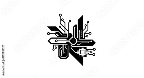 Circuit board design with microchip and wires on white background with black white graphic electronics technology