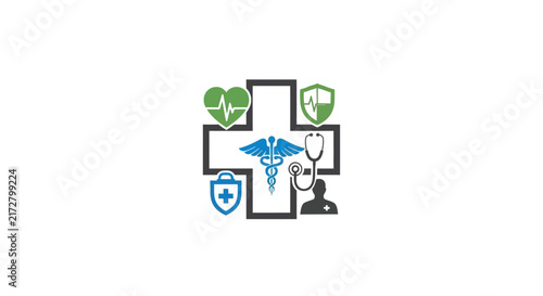 Medical symbols and icons in cross formation with arranged cross shape collection medical first aid stethoscope healthcare medicine caduceus