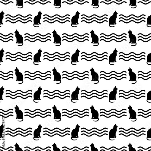 Black & white seamless pattern with cat silhouette