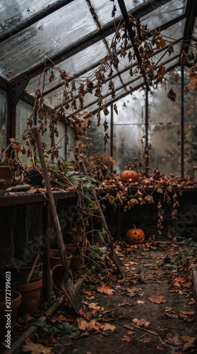 Carved Spooky Halloween Pumpkins Glowing in an Abandoned Spooky Greenhouse with Overgrown Vines, Dead Leaves, and Vintage Gardening Tools