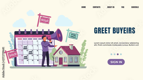 Real estate agent marketing property with megaphone sold signs calendar for open house events landing page design promotion