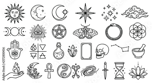 Mystical celestial occult icons set, 28 black line art esoteric symbols, spiritual alchemy and astrology vector elements for tarot