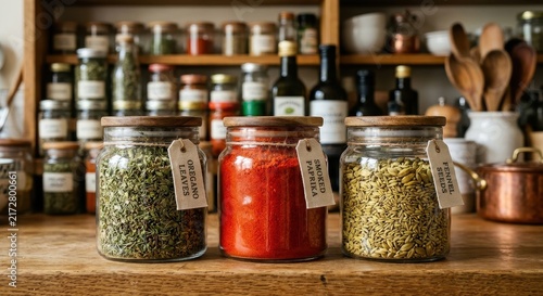 Three vibrant glass jars filled with spices, including oregano leaves and paprika, displayed on a kitchen shelf.