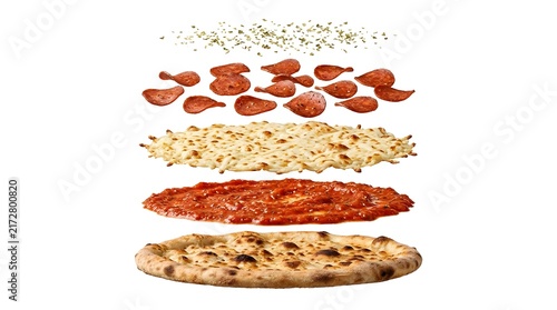 Exploded view of pepperoni pizza layers with cheese and toppings falling mid-air on white background