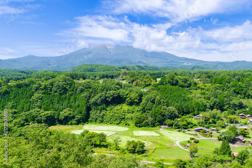 Plakat 柳又ビューポイントから望む御嶽山と白い花の咲く蕎麦畑（長野県木曽郡 開田高原）